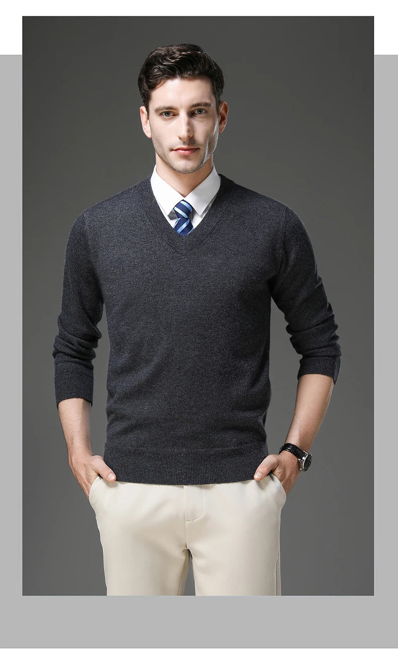 Men's Warm V-Neck Solid Colour Sweater, Autumn & Winter Stretch Top, Daily Leisure Pullover Knitwear, Male Business Casual