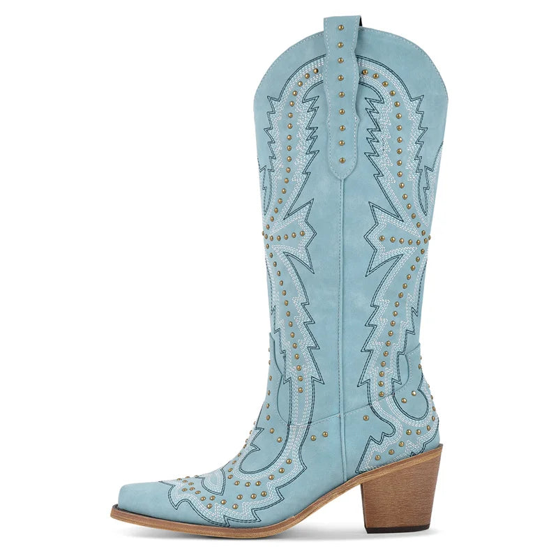 Women Pointed Toe Mid Calf Pull-on Knee High Cowgirl Boots Comfy Chunky Heel Western Boots