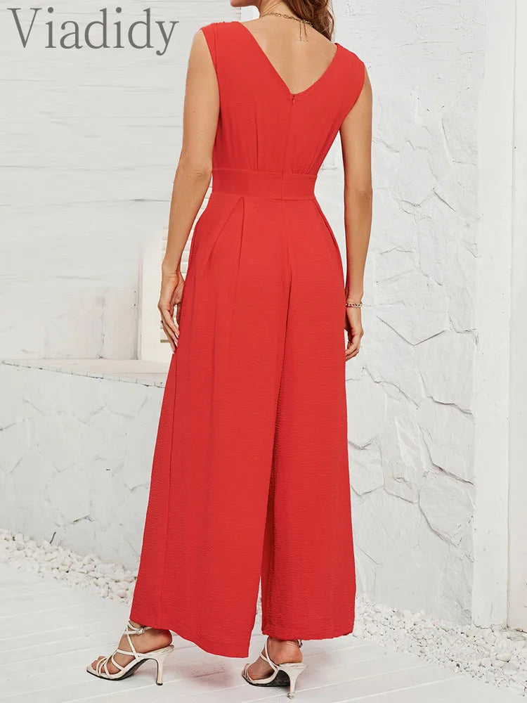 Women Solid Color V-Neck Sleeveless Side Pockets Wide Leg Jumpsuit