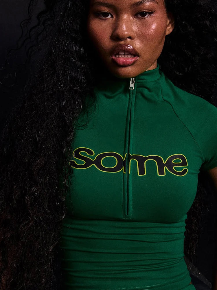 Women's Casual Sporty 2 Piece Set Women Letter Print Zip Crop Tops + Skinny Stretch Shorts Matching Simple Fashion Tracksuits
