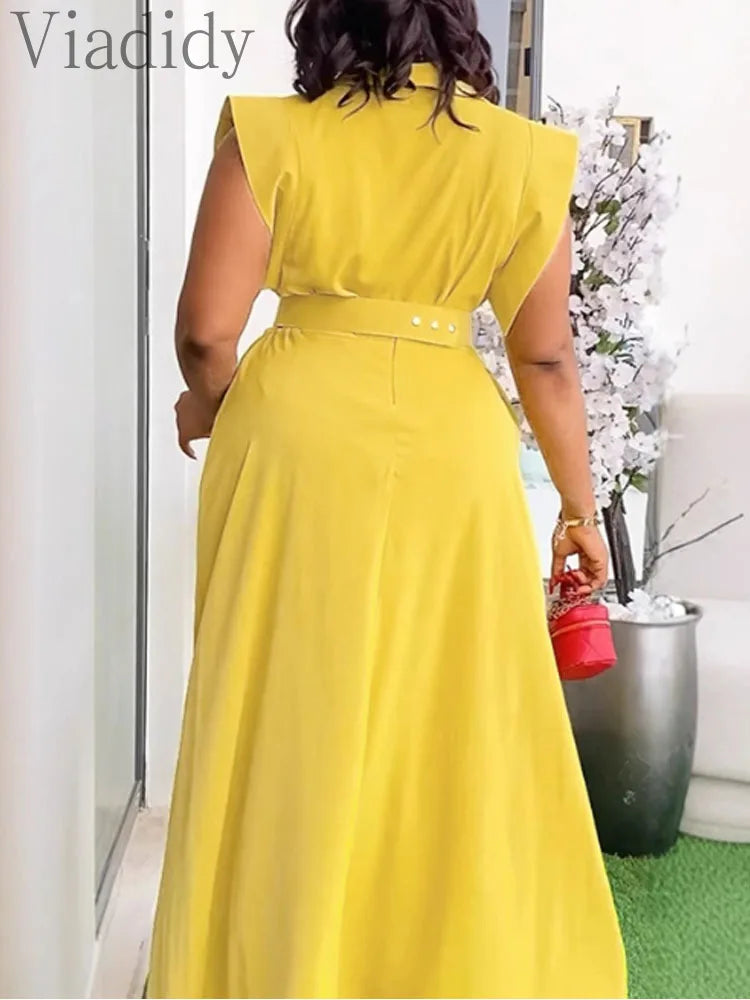 Women's Casual Solid Color Sleeveless Button Front Shirt Blouse and High Waist Big Swing Skirt 2pcs Set
