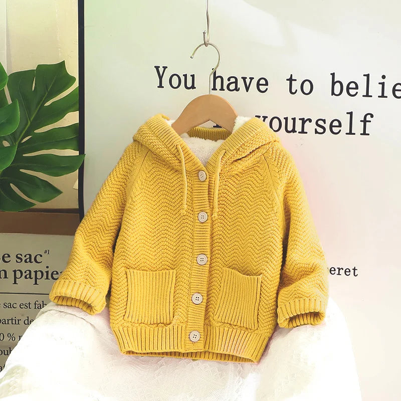 Winter Kids Sweaters Fur Lining Girls Cardigans Warm Boys Knitwear Children Outfit 1-7Y Unisex