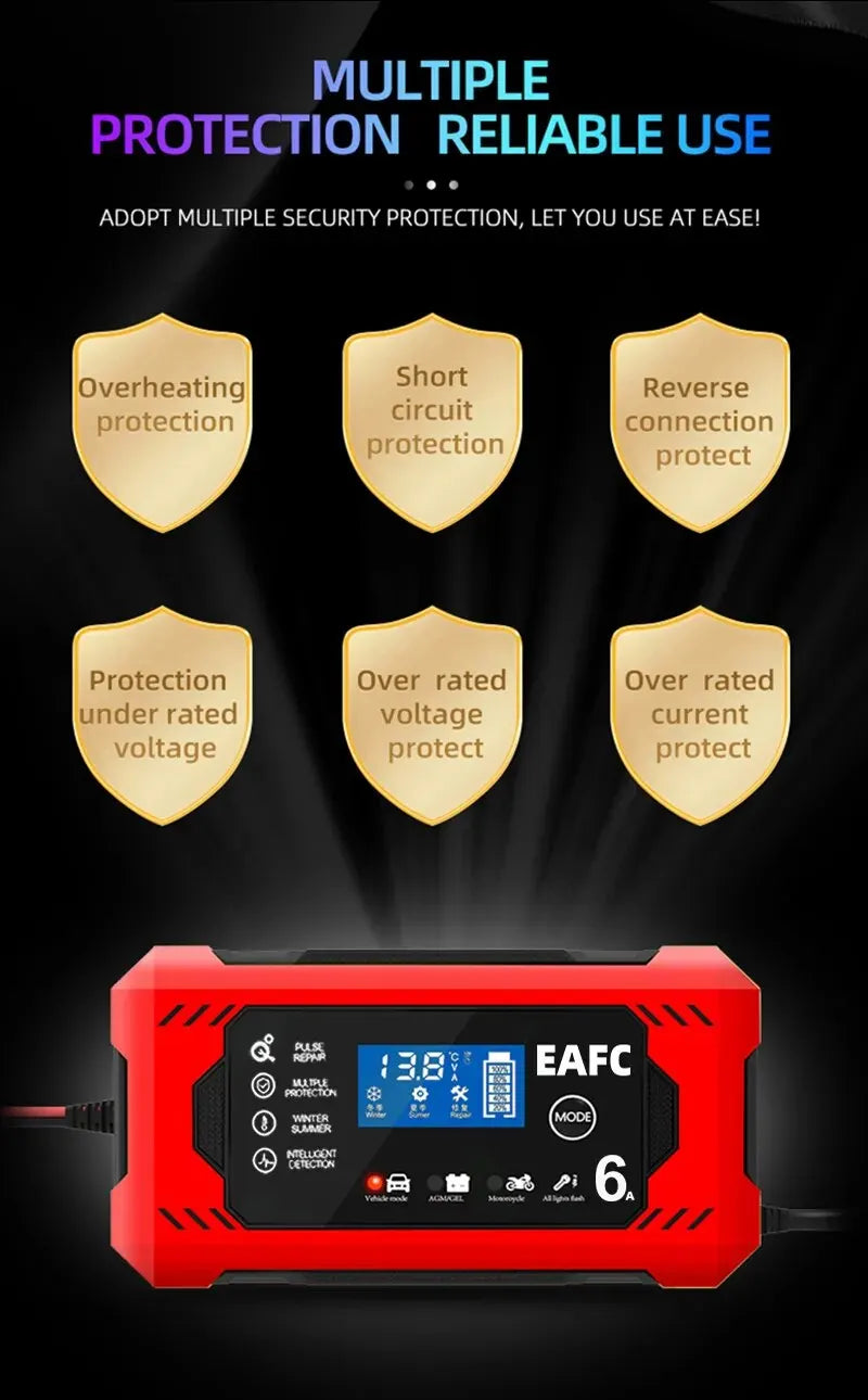 12V Groot Scherm 6A Digitale Auto Acculader Onderhouder voor Auto Motorfiets SUV Vrachtwagen Auto AGM Diepe Cyclus VRLA Puls Reparatie