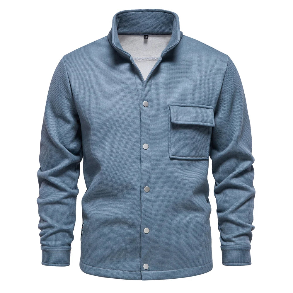 Herrenjacke mit Waffel-Fleece-Futter, dick, warm, mit Tasche, Knopfleiste, Stehkragen, Oberbekleidung, Winterjacken, Mäntel für Herren