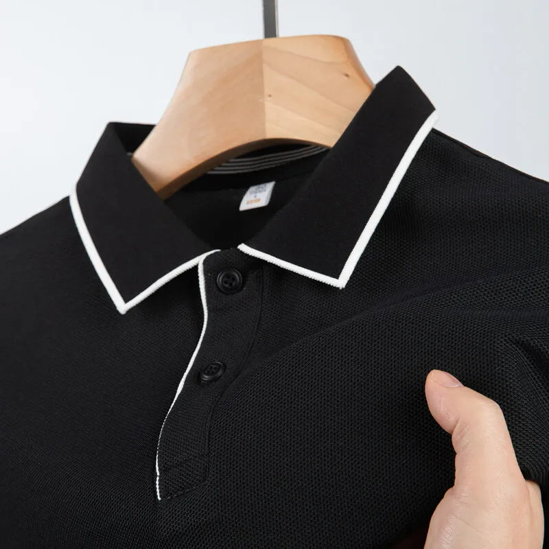 Men's Business Casual Polo Shirt With White Trim Short Sleeve, Classic Collar Design, Breathable, & Male Stylish T-Shirt