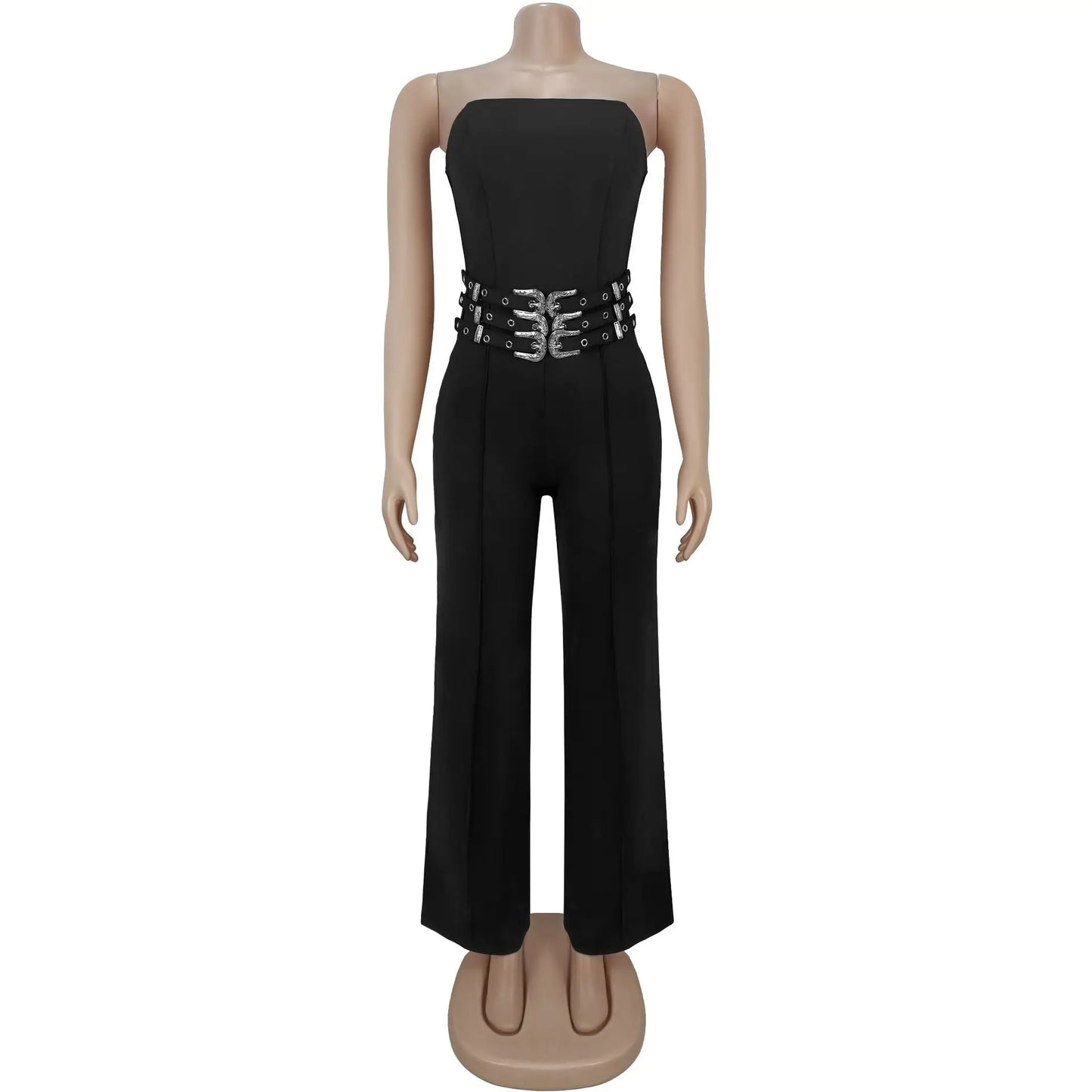 Women Sexy Strapless Buckle Belt Jumpsuits Casual Overalls Rompers