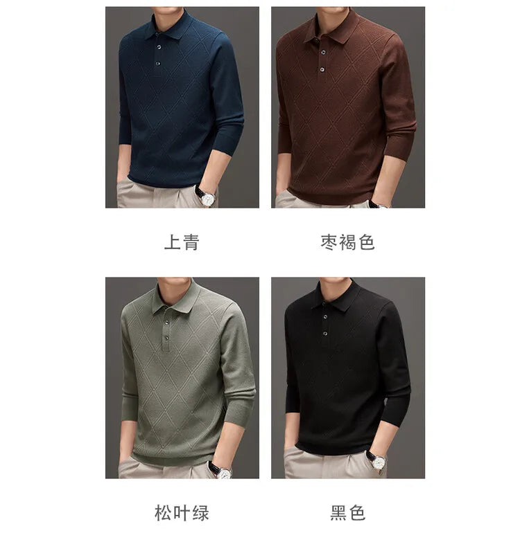 Men's Solid Colour Geometric Pattern Warm Polo, High Quality Woollen Sweater, Suitable For Business Casual & Daily Commute