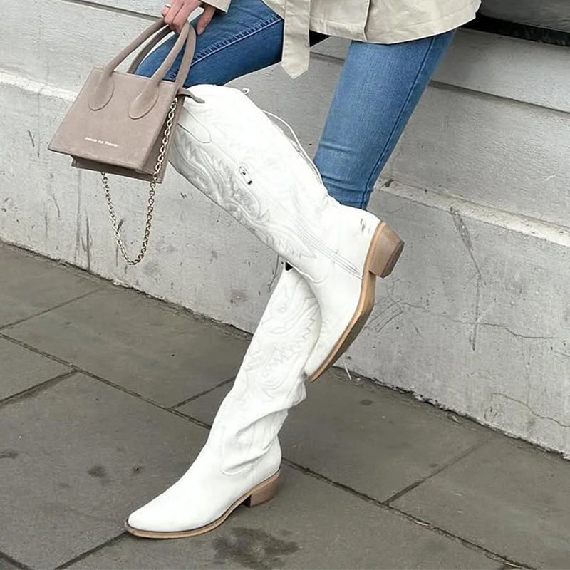 Women Pointed Toe Side Zipper Embroidered Western Cowboy Boots Block Heel Cowgirl Booties