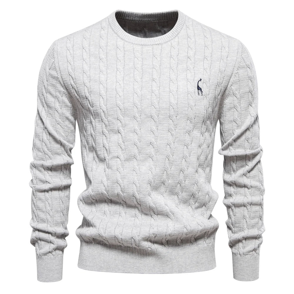 Men's Giraffe Embroidery Cotton Sweaters Round Neck Classic Twist Patterned Pullover Knitted Sweater for Men