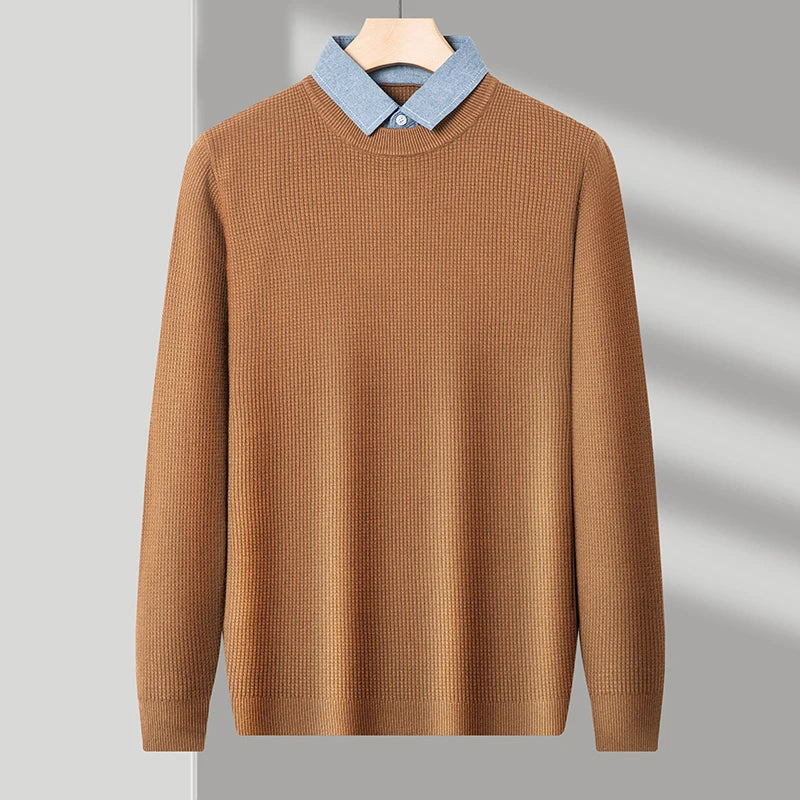 Men's Top Grade Fake Two Collared Fashion, Designer Knitted Pullover Sweater, Casual Brand Slim Fit Male Jumpers
