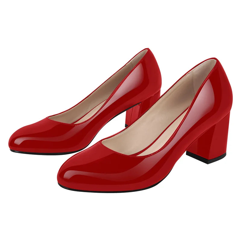 Women Pumps Black Round Toe Block Classic Slip On Thick Heel Office Dress Elegant Handmade Chunky Shoes