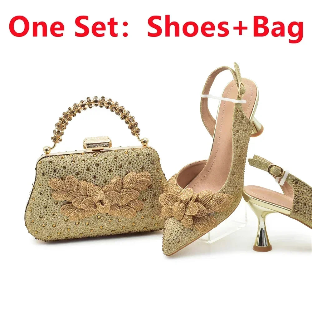 Women's Rhinestones-Decorated Party Luxury Italian Pointed Toe Shoes and Bag Set for Ladies' Wedding Pumps With High Heel