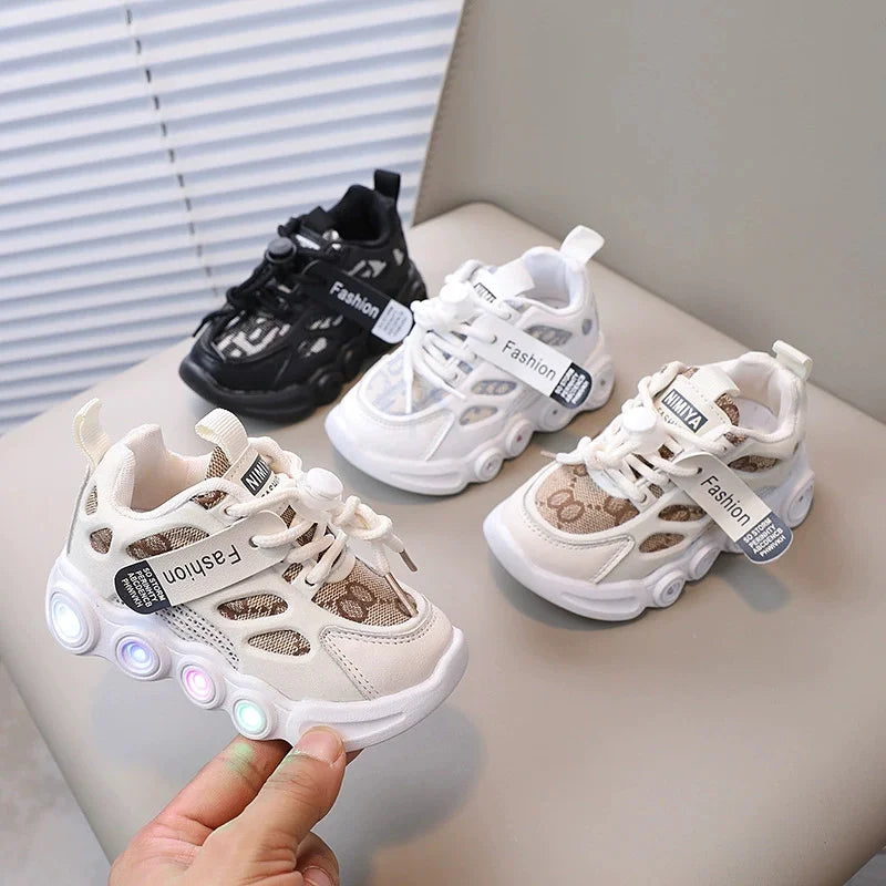 Kids LED Light Up Sneakers - Glow Boys 1-6 Years Breathable Mesh Sporty Shoes Casual Letter Webbing Luminous Footwear