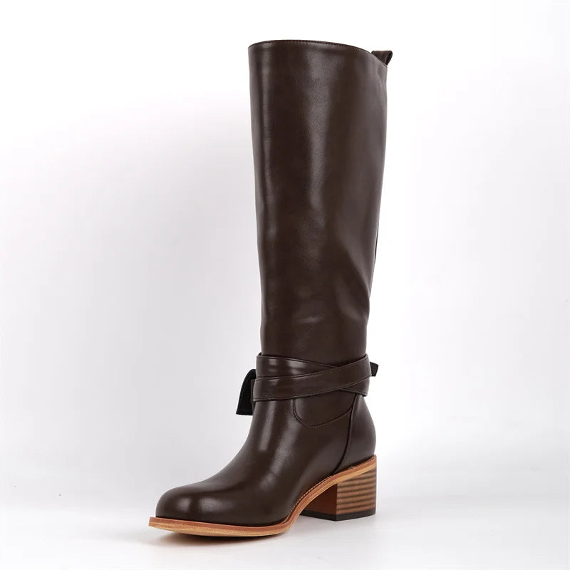 Women Round Toe Knee High Boots Low Heel Fashion Pull on Wide Calf Boots