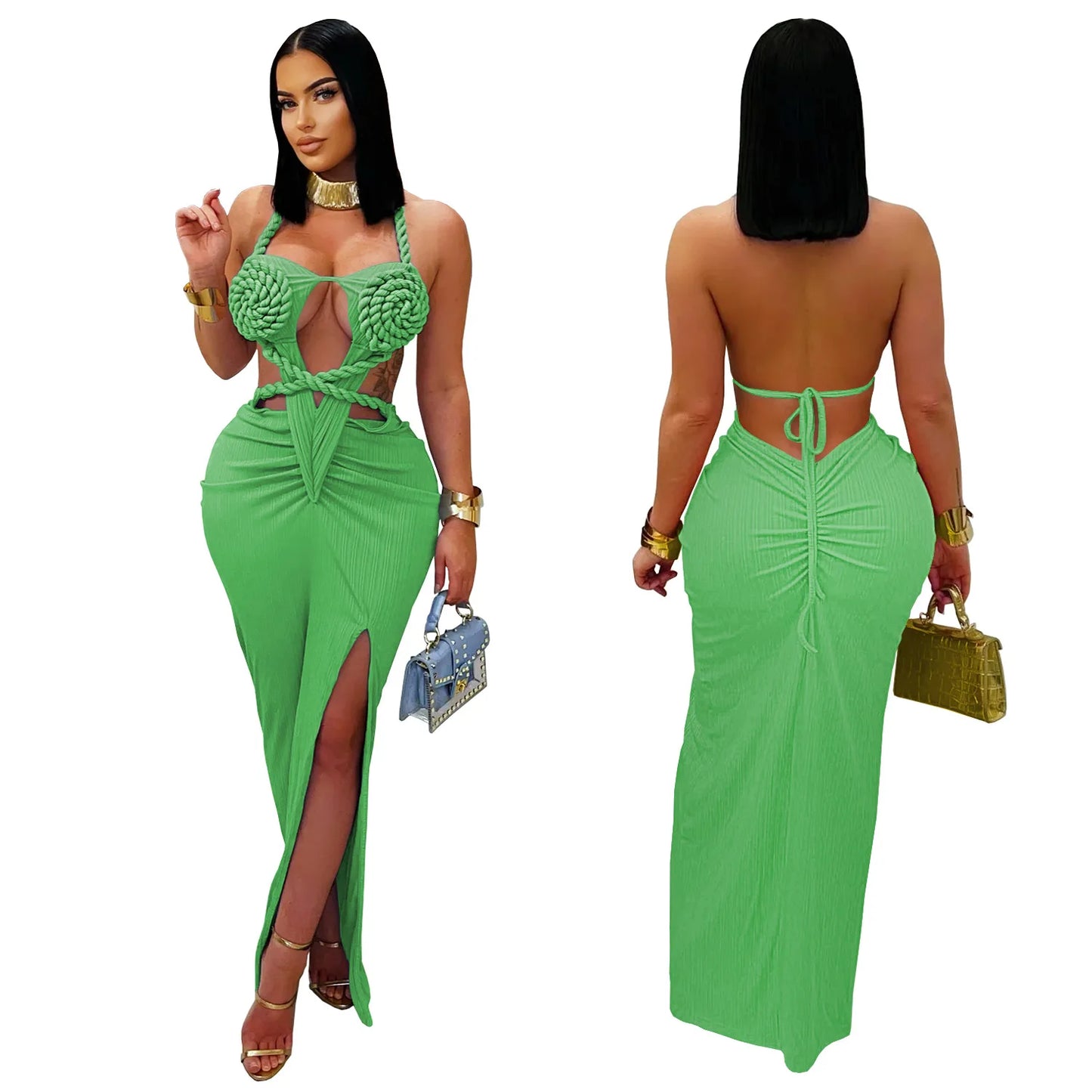 Bohemia Knitted Women Maxi Dress 2025 Summer Halter Lace Up Backless Split Sheath Vestidos Beach Vacation Robe