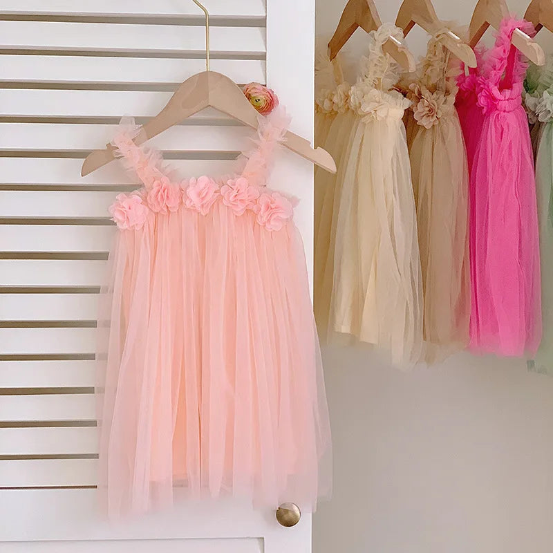 Summer Kids Sweet Mesh Dress Girls 6 Colours Suspended Floral Beach Skirt Children Tutu Princess Dress 1-6Y Girls