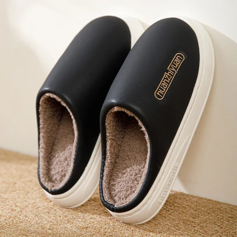 Unisex Anti-slip Waterproof Winter Cotton Slippers Women Men Home Indoor Warm House Shoes Couple Soft Flat PVC Sole Footwear