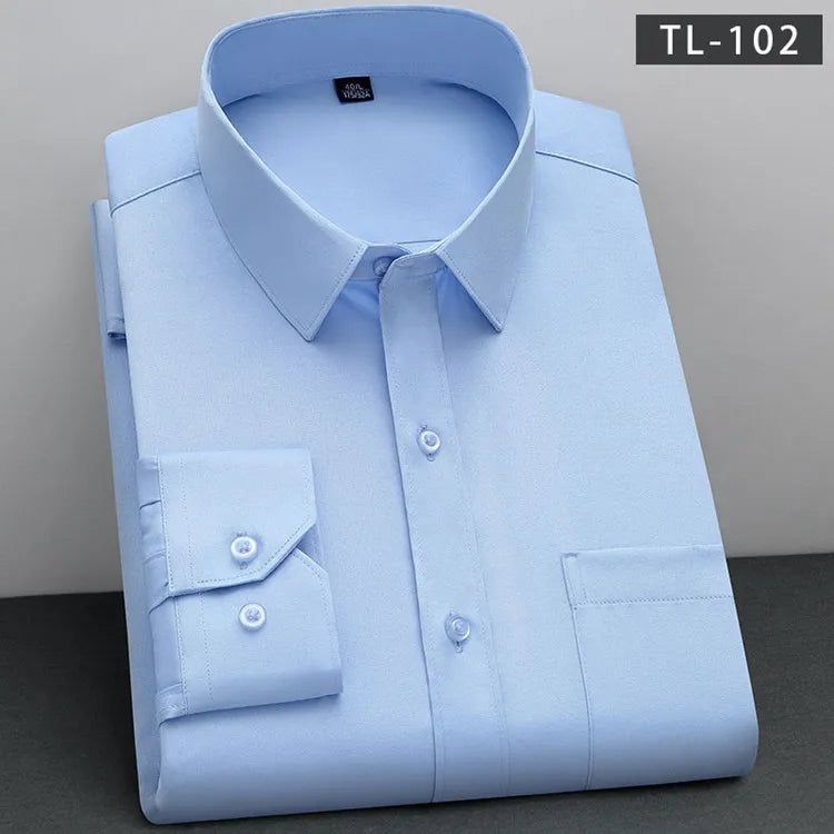 Men's Classic Solid Non-Iron Business Casual Shirt Anti-Wrinkle Soft Wear Long Sleeve Square Collar Tat Fabric Single Breasted