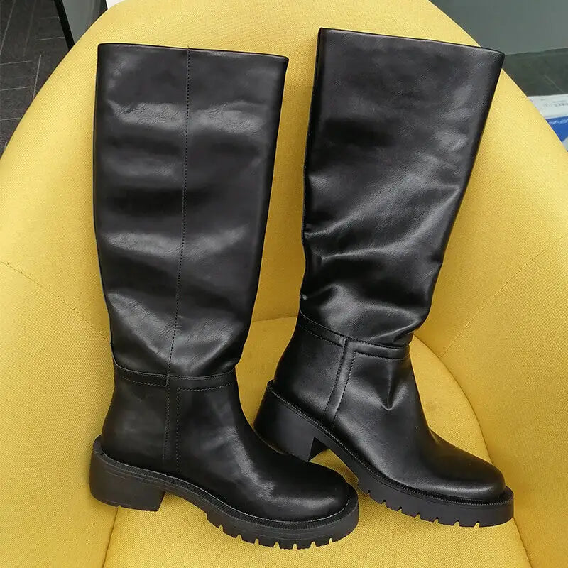 Women Black Matte Knee High Boots High Heeled Winter Warm Woman Fashion Snow Motorcycle Boots