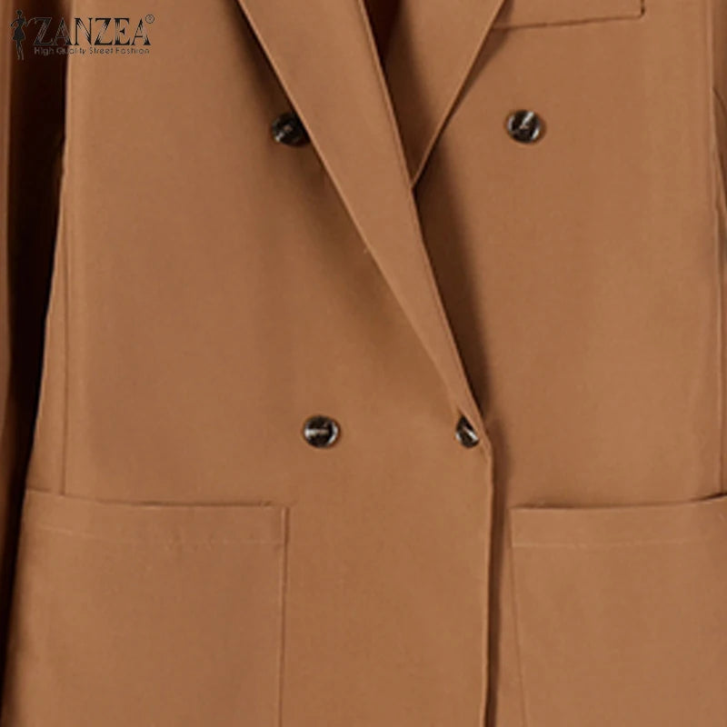 Casual Women Blazer Solid Office Lady Commute 2025 Spring Thin Jackets Lapel Neck Double-Breasted Long Sleeve Blazer