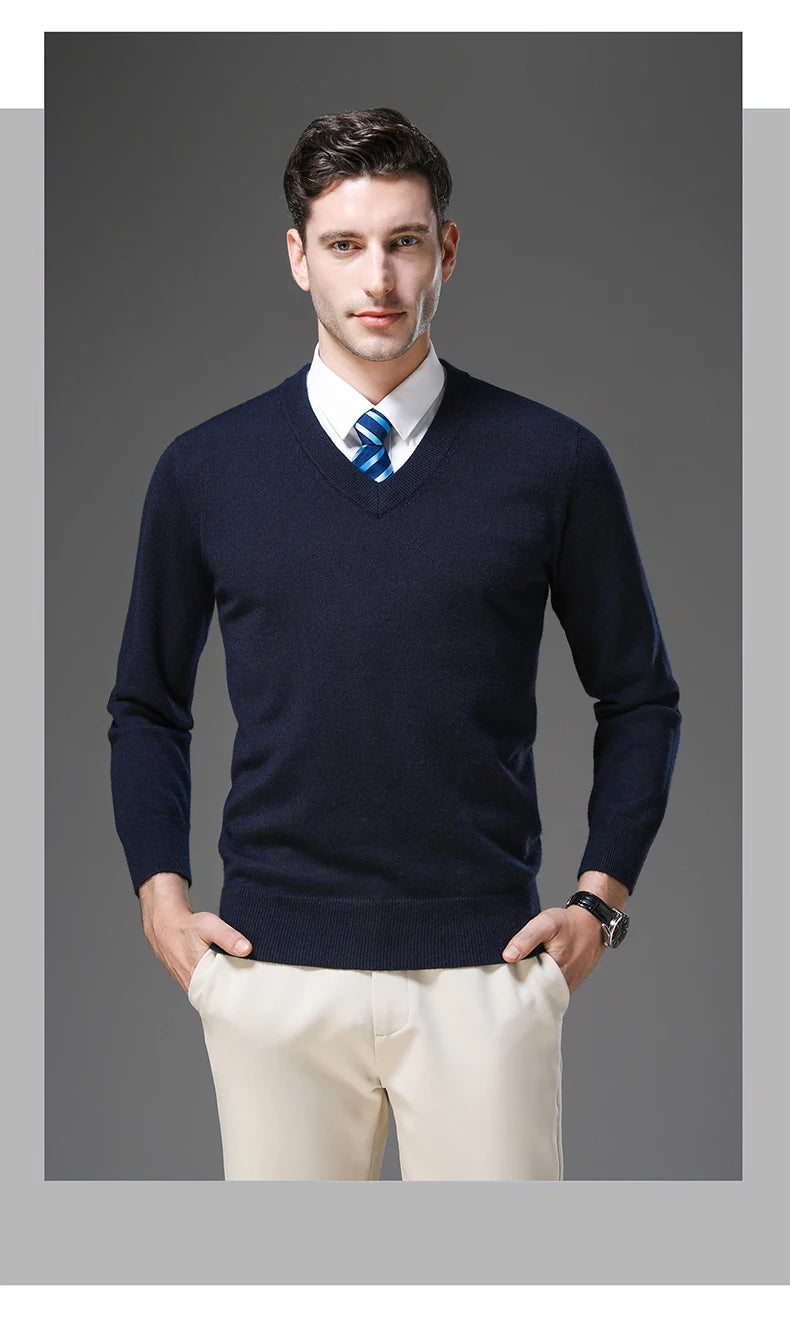 Men's Warm V-Neck Solid Colour Sweater, Autumn & Winter Stretch Top, Daily Leisure Pullover Knitwear, Male Business Casual
