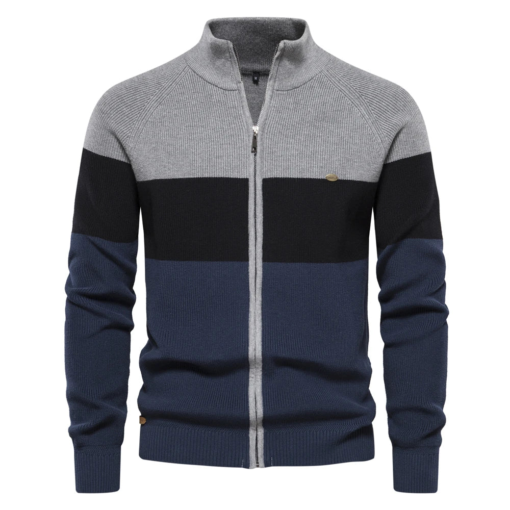 Men's Autumn and Winter Patchwork Colour Sweater For Men Zipper Cardigans High Quality Male Cotton Sweater