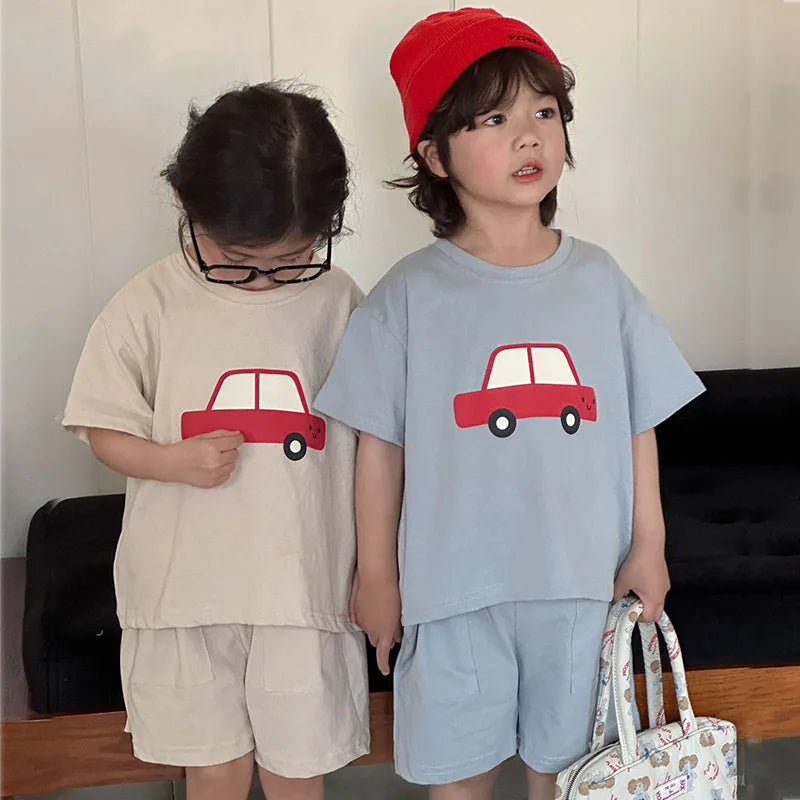 New Summer Kids Clothes Suit Children Cute Cartoon Car T-shirt + Shorts Boys Thin Style 2PCS Outfit 1-4Y Unisex