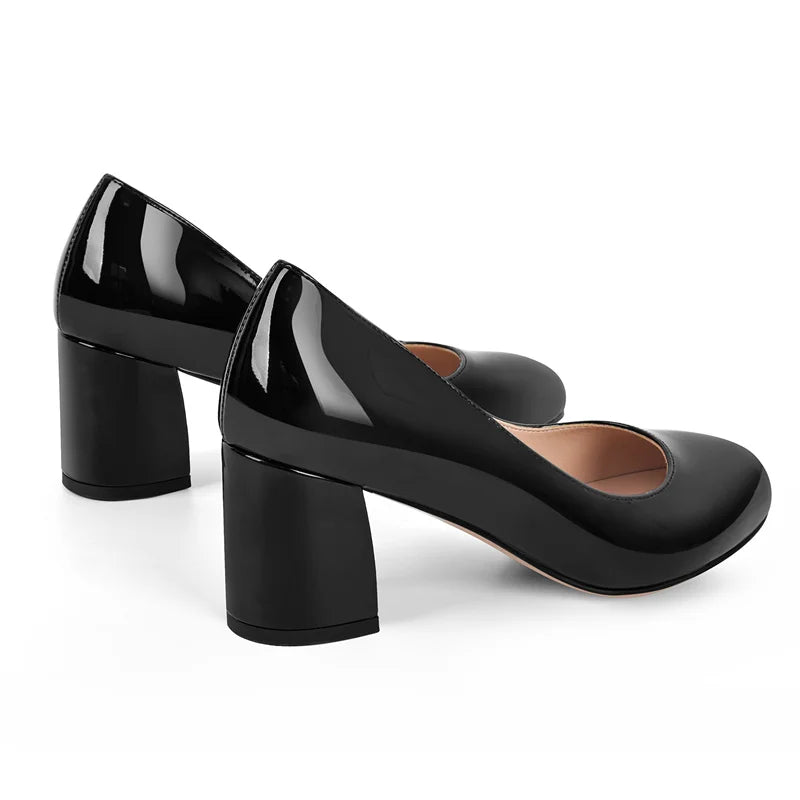 Women Pumps Black Round Toe Block Classic Slip On Thick Heel Office Dress Elegant Handmade Chunky Shoes