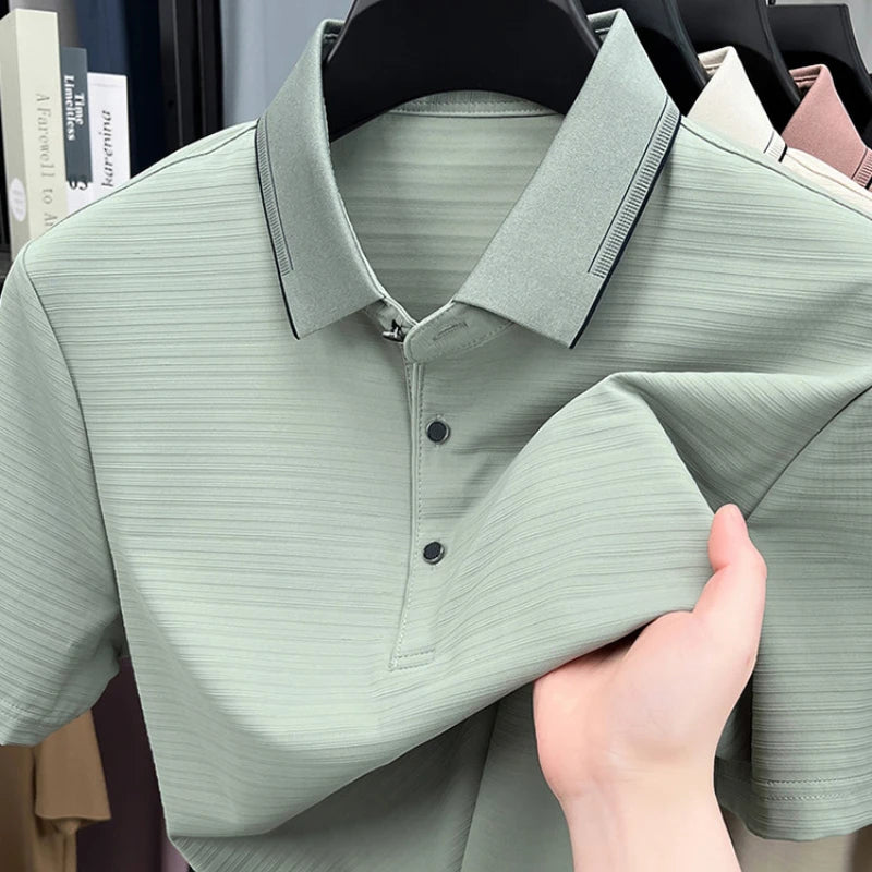 Men's Short-Sleeved T-Shirt, Subtle Striped Texture, Classic Collar Design With Button Details - Soft and Breathable Fabric Polo