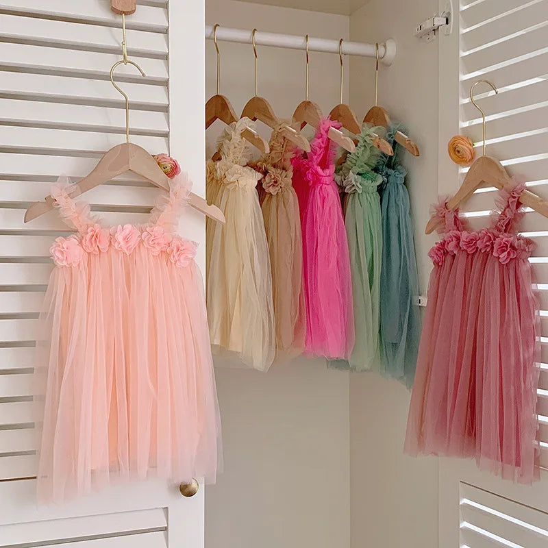 Summer Kids Sweet Mesh Dress Girls 6 Colours Suspended Floral Beach Skirt Children Tutu Princess Dress 1-6Y Girls