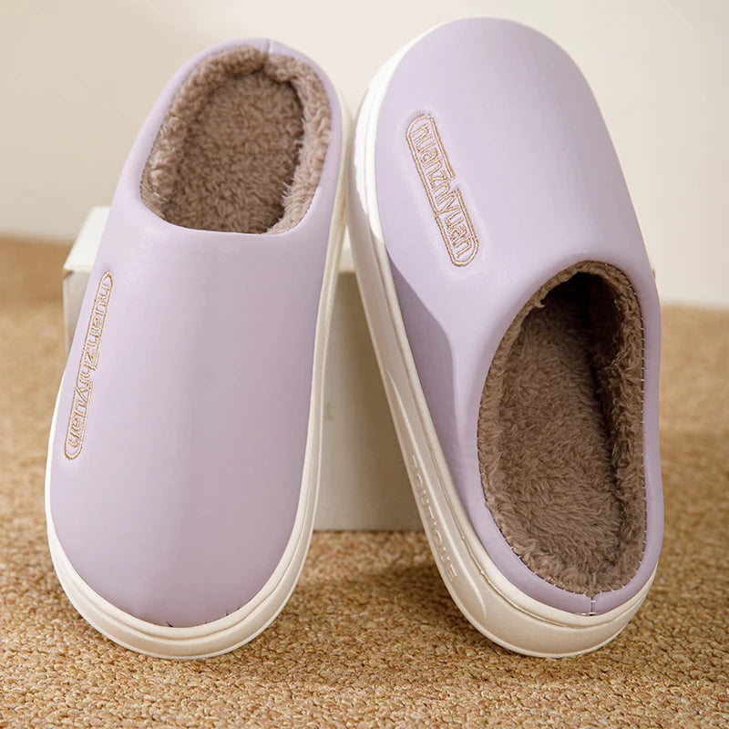 Unisex Anti-slip Waterproof Winter Cotton Slippers Women Men Home Indoor Warm House Shoes Couple Soft Flat PVC Sole Footwear