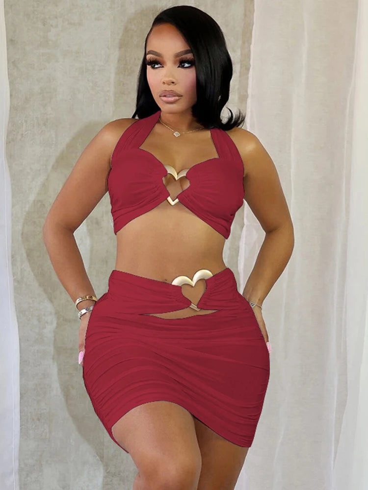 Love Rings Patchwork 2 Piece Set Cross Women Halter Crop Tops + Ruched Hollow Skirts Matching Hottie Street Trend Suits