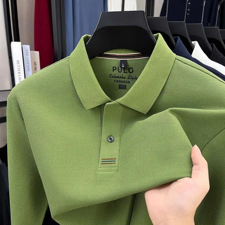 Men's Autumn 100% Breathable Cotton, Long-Sleeve Polo Shirt - Classic Cotton Collared T-Shirt With Business Casual Design