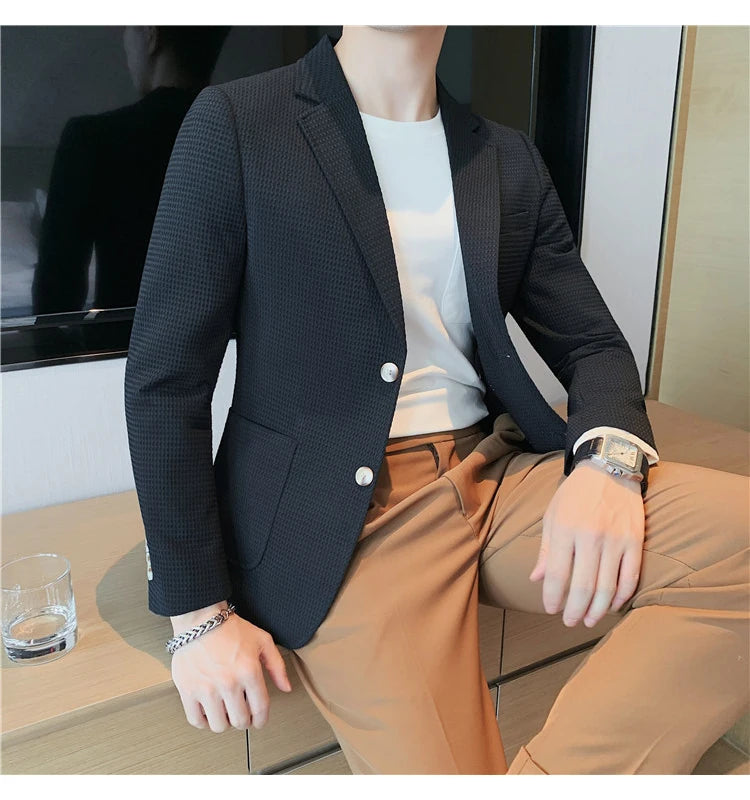 Men’s Waffle Plaid Blazer Coat, Hounds-Tooth Pattern, Wool-Blend Overcoat for Autumn & Winter - Lightweight, Stretchable