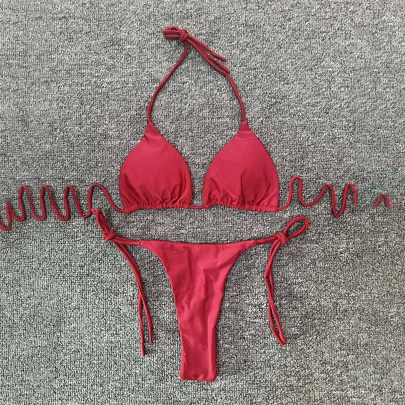 Sexy halter effen kleur bikini set dames tweedelig split triangel string badpak basic eenvoudig femme veter strand badpak