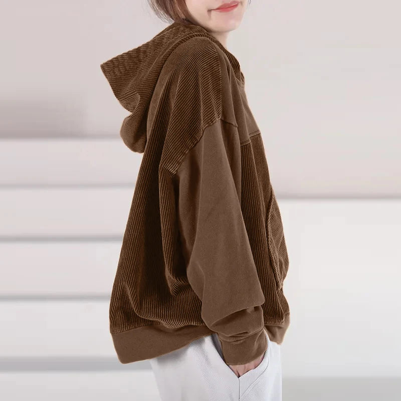 Women Patchwork Corduroy Hoodies Loose Casual Irregular Pocket Hooded Sweatshirts 2024 Fall Colour Block Long Sleeve Tops