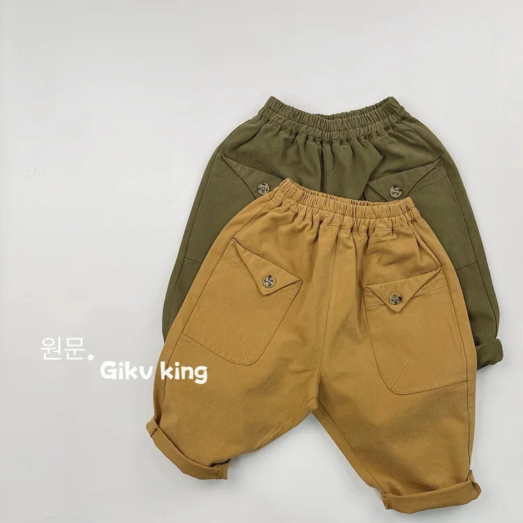 2025 Herfst Nieuwe Kinderen Losse Broeken Baby Meisjes Effen Vintage Casual Broek Peuter Jongens Veelzijdige Cargo Broek Kinderkleding 4-6Y Unisex