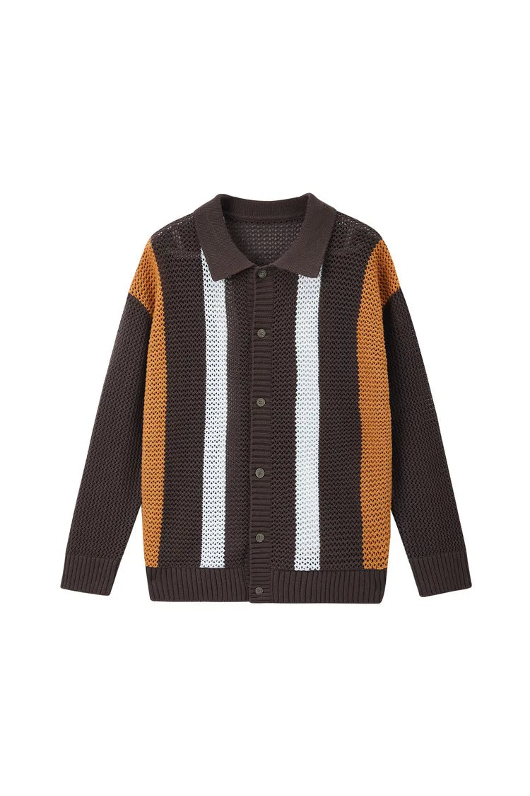 Men's Autumn/Winter Colour-Block Striped Polo Collar Knitted High Quality Hollow Out Cardigan With 60% Cotton