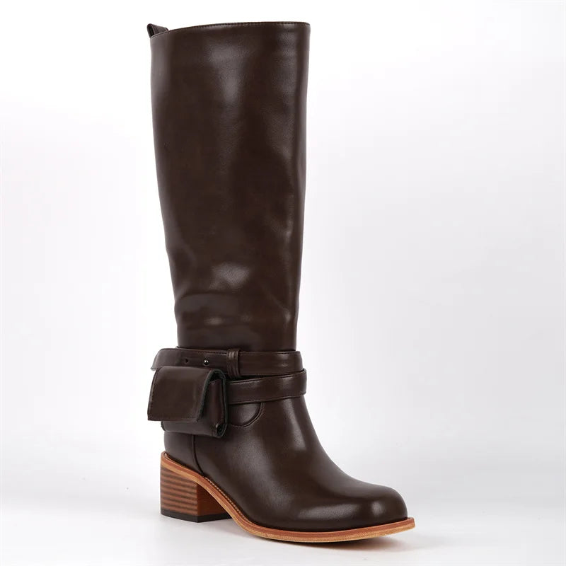 Women Round Toe Knee High Boots Low Heel Fashion Pull on Wide Calf Boots