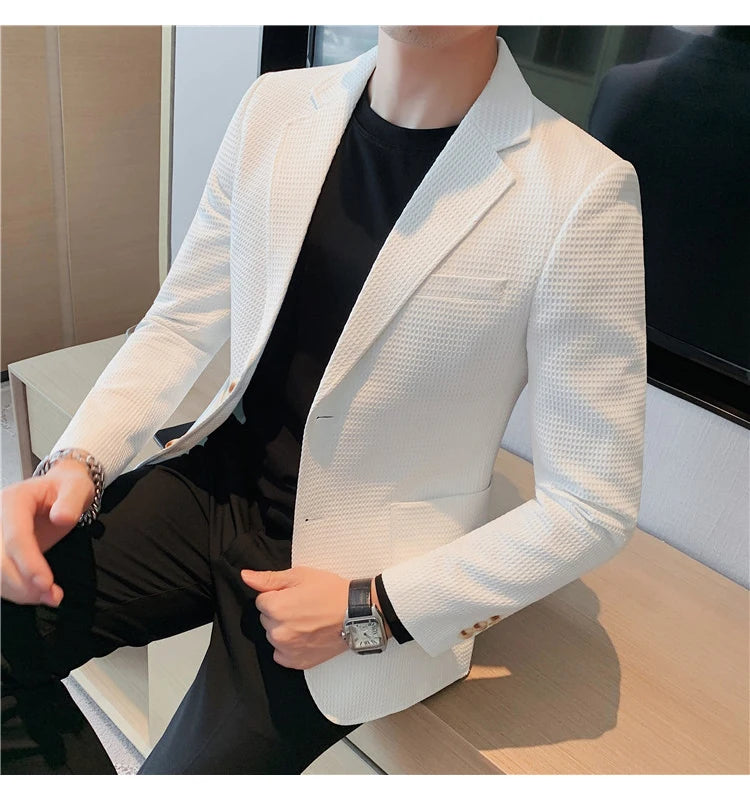 Men’s Waffle Plaid Blazer Coat, Hounds-Tooth Pattern, Wool-Blend Overcoat for Autumn & Winter - Lightweight, Stretchable