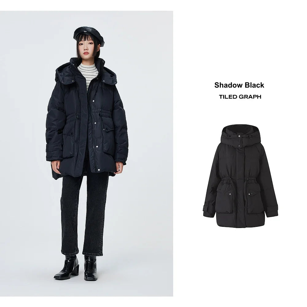 Women's Winter Warm Oversized Long Hooded Down Jacket, Adjustable Pig Nose, Buckle Waist Belt Utility Duck Down Parka For Ladies