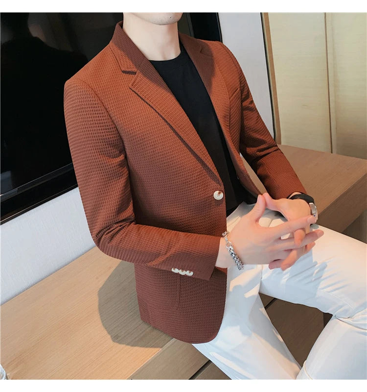 Men’s Waffle Plaid Blazer Coat, Hounds-Tooth Pattern, Wool-Blend Overcoat for Autumn & Winter - Lightweight, Stretchable