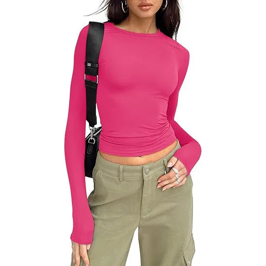 Fashion Senior Women's Long Sleeve Crew Neck Solid Slim Fit T-shirt Crop Top Ladies Daily Streetwear Casual Tee