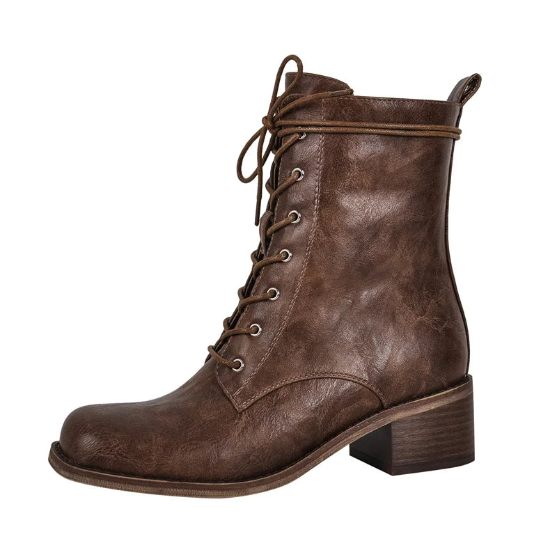 Women Brown Lace UP Ankle Boots Round Toe Gothic Heeled Concise Side Zipper Winter Motorcycle Boots
