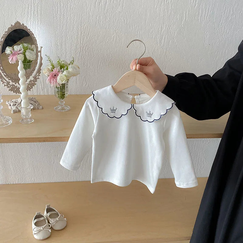 Herfst Baby Onderhemdjes Zoete Borduurwerk Bloem Strik Baby Meisjes Bottoming Shirt Peuter Dunne Kleding Tops 0-3T Meisjes