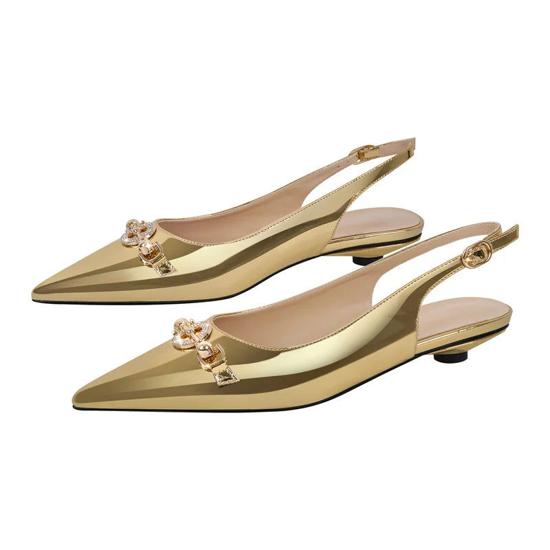 Women Pointed Toe Slingback Sandals Big Size Patent Leather Ankle Strap Party Dress Shoes
