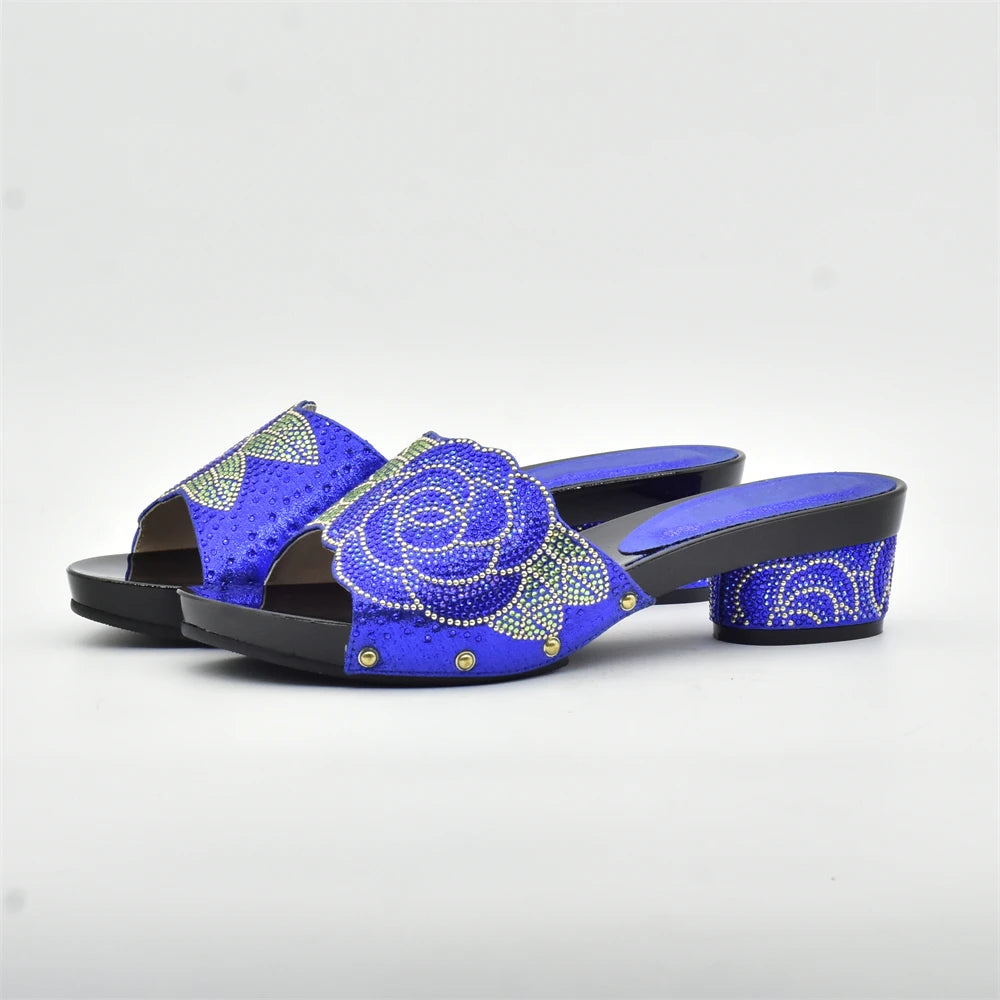 Women's Italian Shoes with Matching Bags Set Decorated with Rhinestone Open Toe Ladies' Slippers Shoes