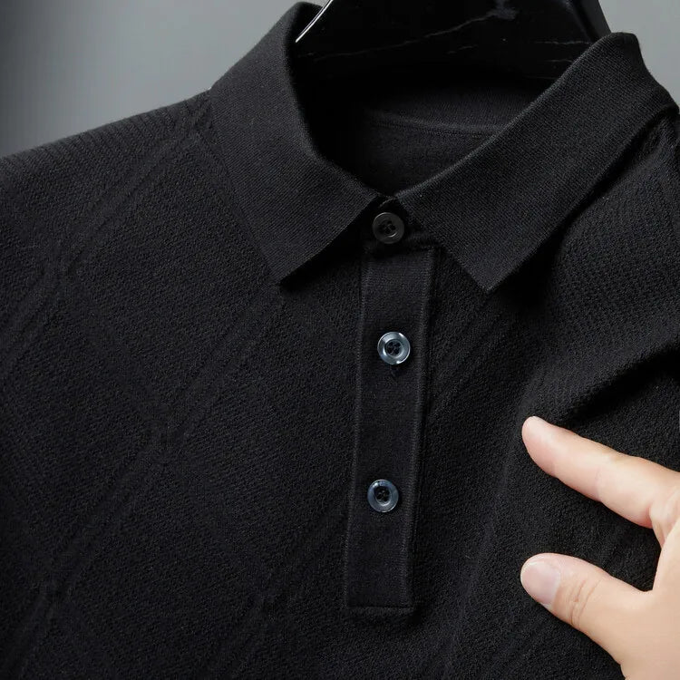 Men's Solid Colour Geometric Pattern Warm Polo, High Quality Woollen Sweater, Suitable For Business Casual & Daily Commute