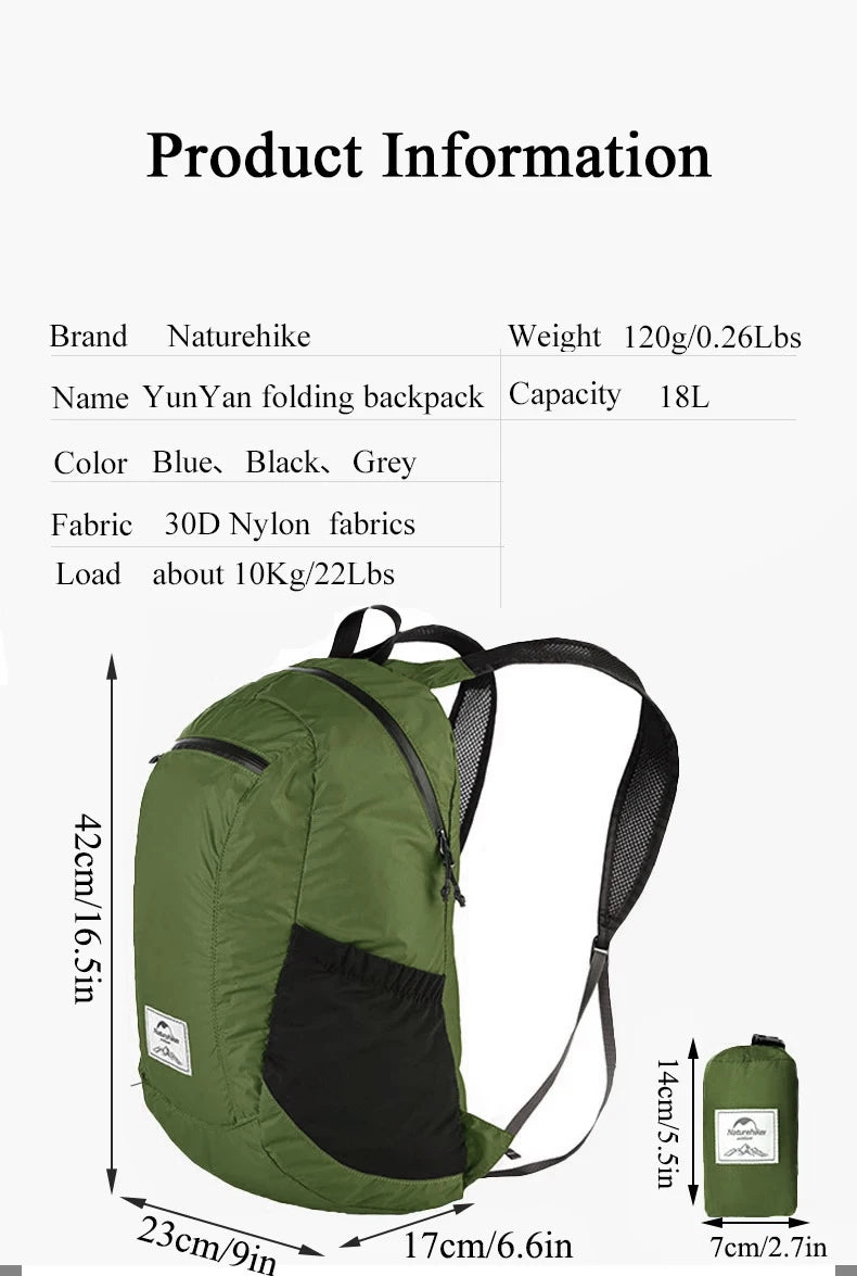 Camping Backpack 18L Capacity Portable Foldable Waterproof Shoulder Bag Men Women Outdoor Travel Hiking Backpack