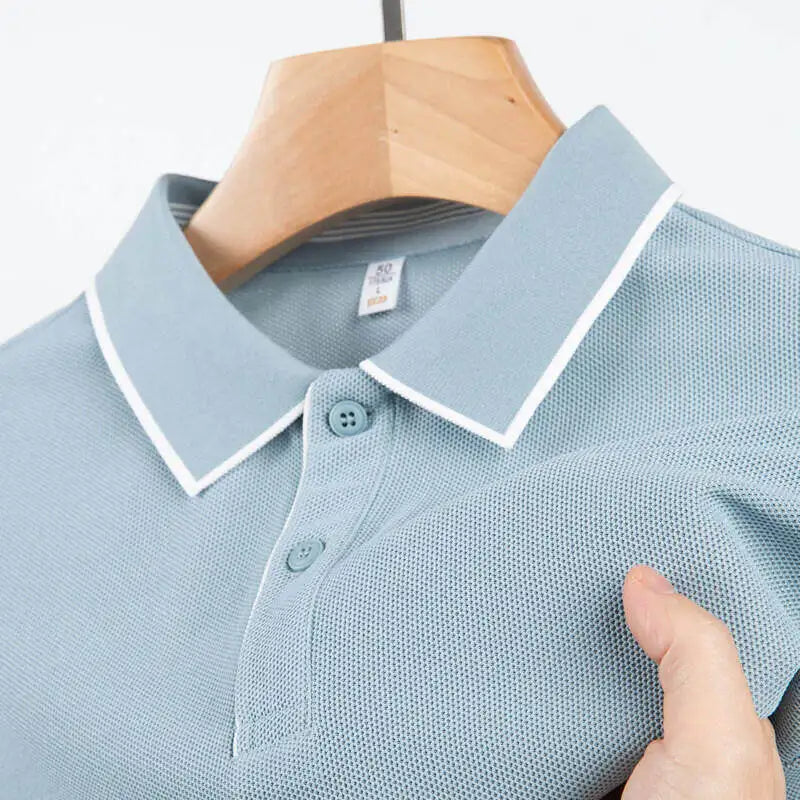Men's Business Casual Polo Shirt With White Trim Short Sleeve, Classic Collar Design, Breathable, & Male Stylish T-Shirt